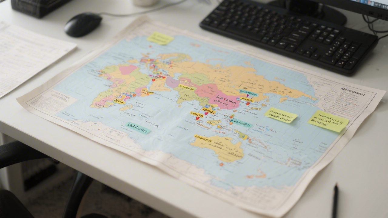 Map of Asia on a desk with marked locations and language notes, representing structured localization planning for multi-market digital campaigns.