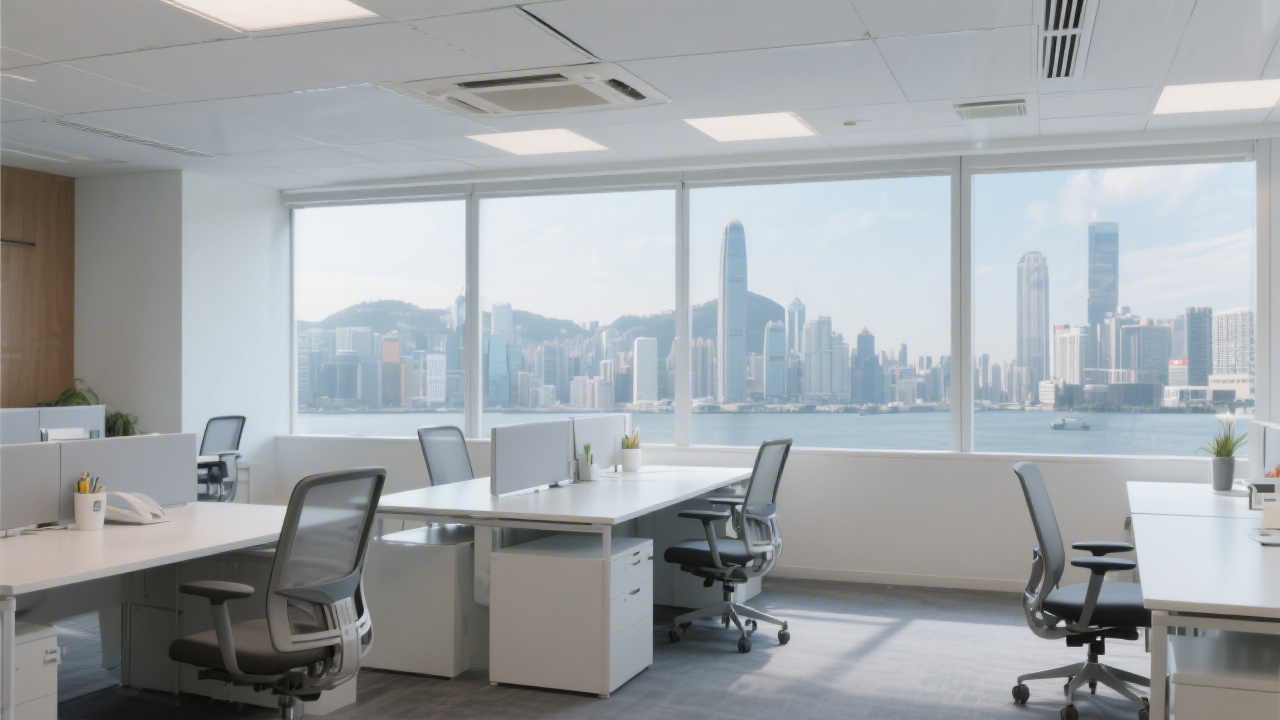 Interior of a modern Hong Kong office with clean desks, minimal décor, and a clear view of skyline, reflecting a focused and professional business environment.