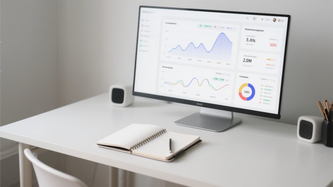 Minimalist desk setup with analytics dashboards on screen and a notebook listing campaign metrics, highlighting a structured performance marketing toolset.