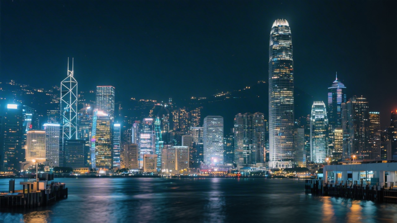 Night skyline of Hong Kong’s Central district with modern office towers and harbor lights, conveying a premium business setting for regional performance marketing campaigns.